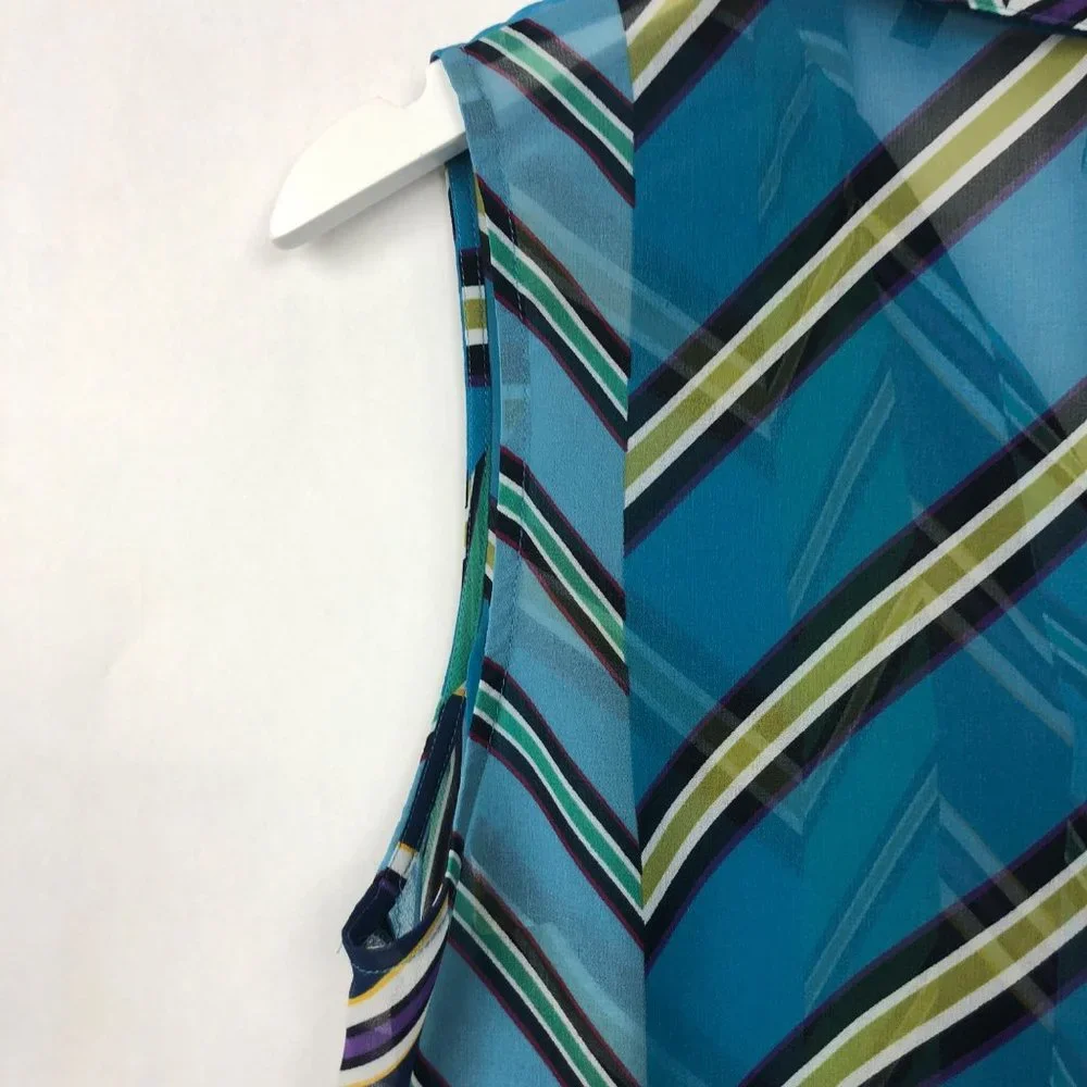 CAbi Blue Multi Diagonal Stripe Collared Sleeveless Blouse Size Medium - Picture 14 of 14